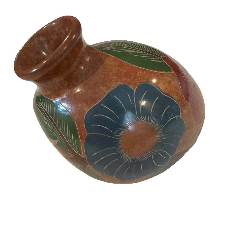 Vtg Nicaragua Hand Painted‎ Hummingbird & Flower Glazed Terracotta Vase